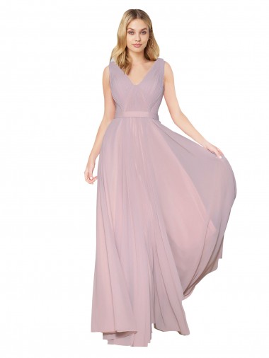 Outlet Draped V-Neck Long Chiffon Prom Dress with Shirred Bodice UK