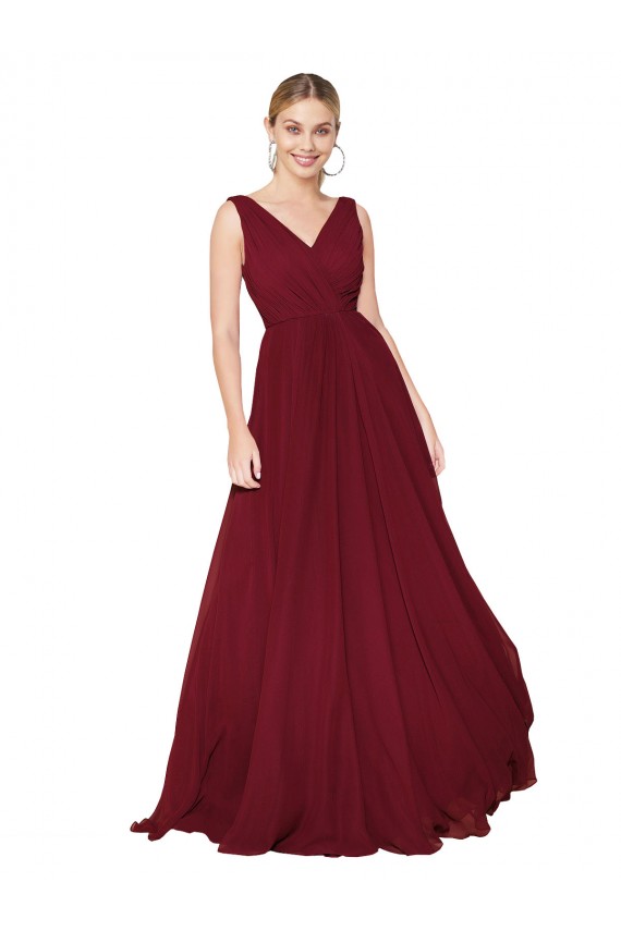 Outlet Draped A-Line V-Neck Floor Length Chiffon Prom Dress UK