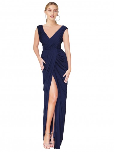 Outlet Draped V-Neck Long Chiffon Prom Dress with Front Slit UK