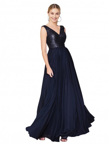 Outlet High Neck V-Neck Long Chiffon Prom Dress with Sequin Top UK