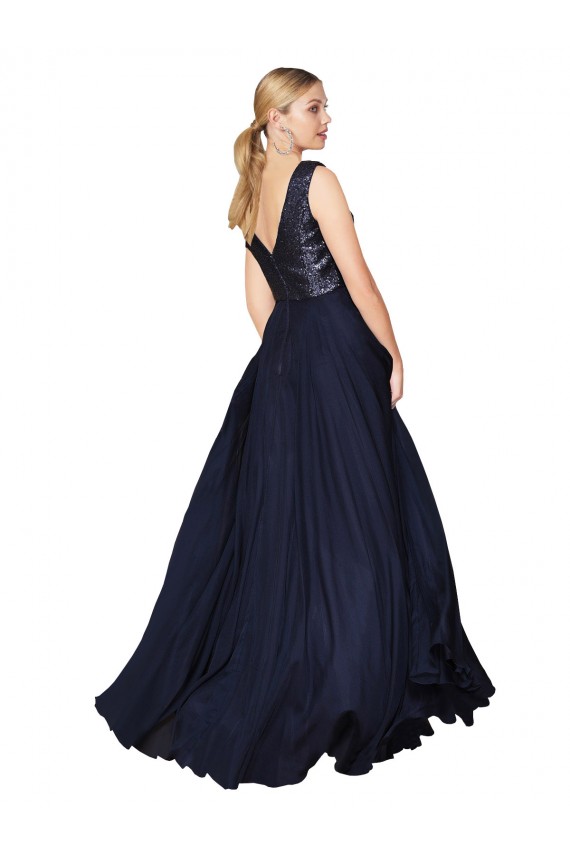 Outlet High Neck V-Neck Long Chiffon Prom Dress with Sequin Top UK