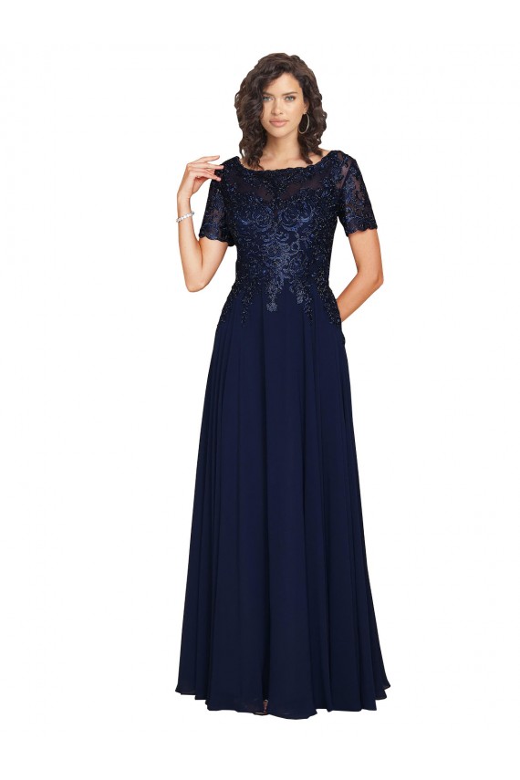 Outlet Short Sleeves A-Line Long Chiffon Prom Dress with Beaded Bodice UK