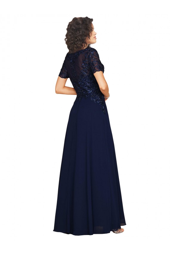 Outlet Short Sleeves A-Line Long Chiffon Prom Dress with Beaded Bodice UK