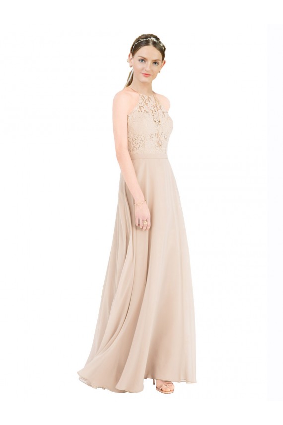 Outlet High Halter Neck Illusion Lace Prom Dress with Chiffon Skirt and Keyhole Back UK