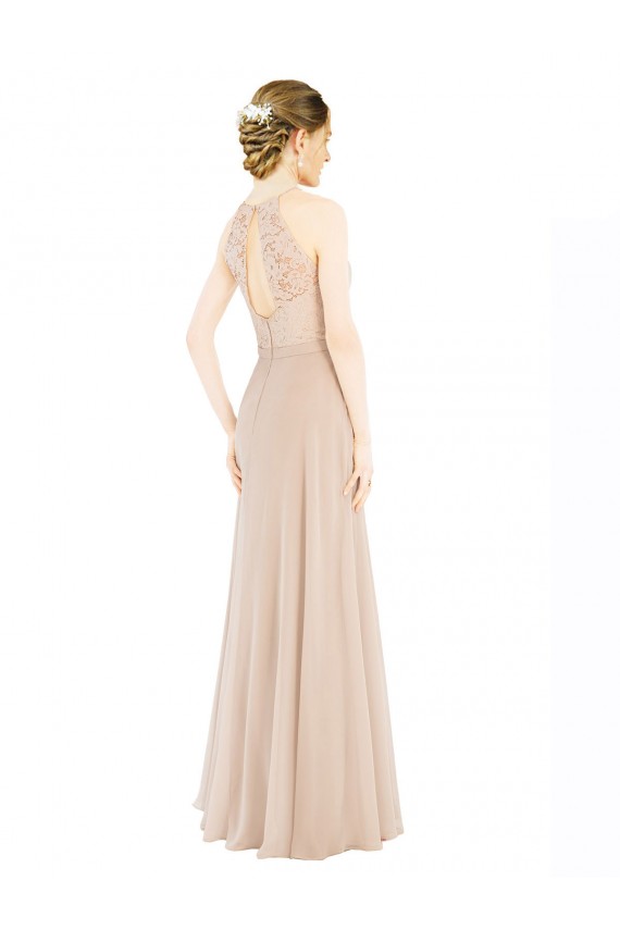 Outlet High Halter Neck Illusion Lace Prom Dress with Chiffon Skirt and Keyhole Back UK