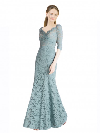Outlet Half Sleeves Pleated Lace Prom Dress with Wrap-Around Portrait Neckline UK
