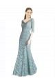 Outlet Half Sleeves Pleated Lace Prom Dress with Wrap-Around Portrait Neckline UK