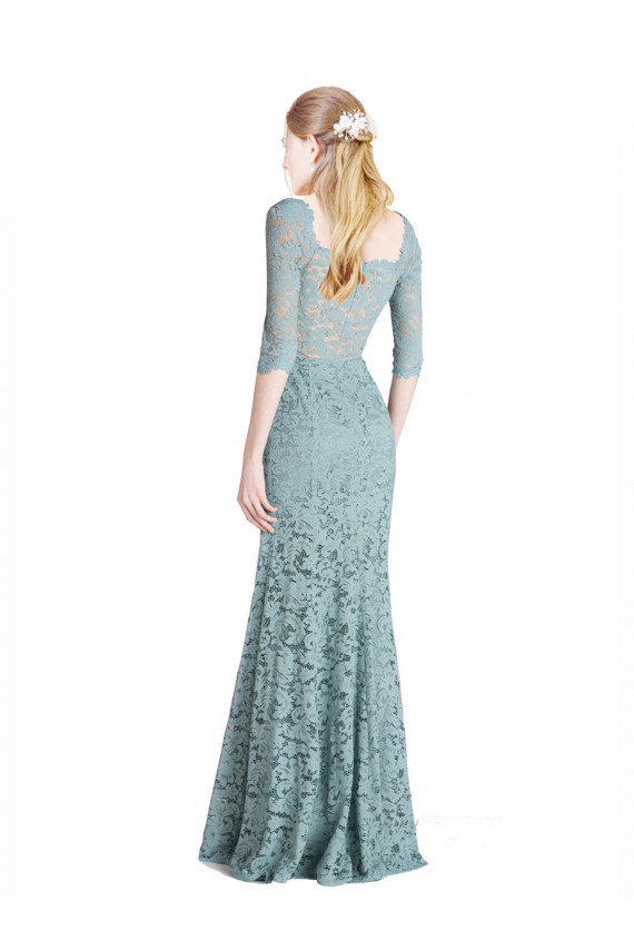 Outlet Half Sleeves Pleated Lace Prom Dress with Wrap-Around Portrait Neckline UK