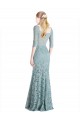 Outlet Half Sleeves Pleated Lace Prom Dress with Wrap-Around Portrait Neckline UK