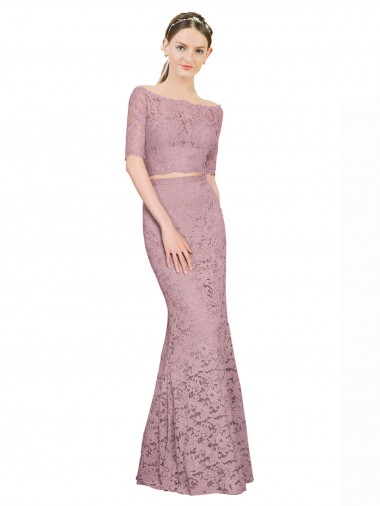 Outlet Short Sleeves Crop Top Mermaid Lace Prom Dress UK