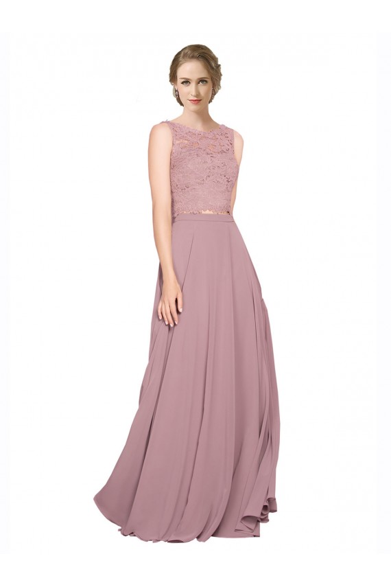 Outlet Long A-Line Chiffon Prom Dress with Sleeveless Lace Crop Top UK