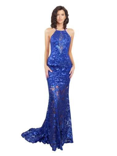 Outlet High Neck Long Open Back Lace Prom Dress with Train UK