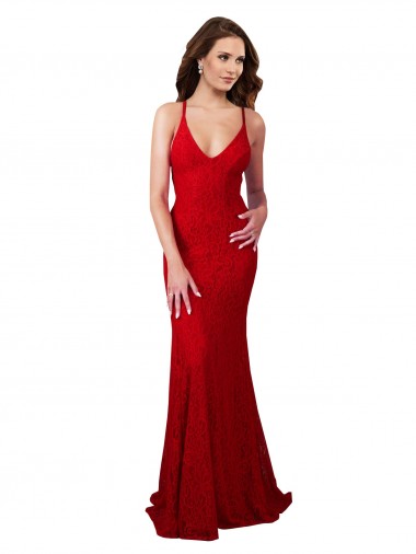 Outlet Low Back V-Neckline Floor Length Lace Prom Dress UK