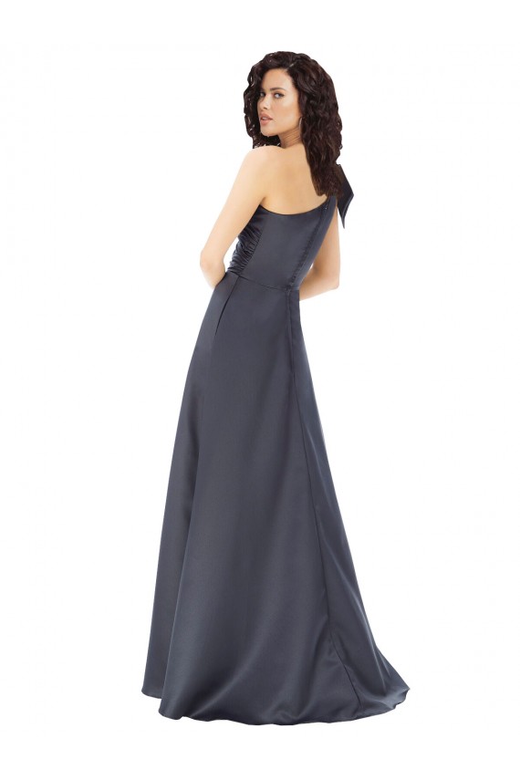 Outlet Rouched One Shoulder Floor Length Satin Prom Dress with Bow UK