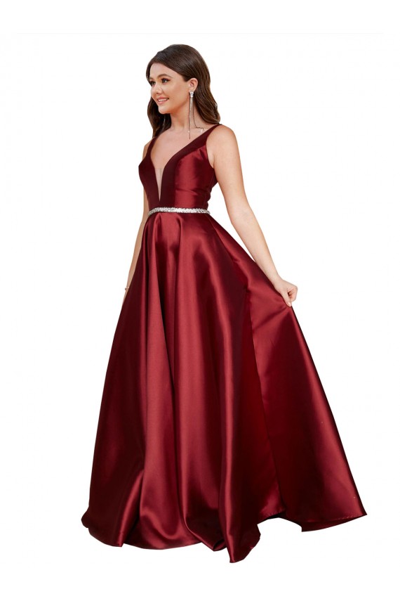 Outlet Sleeveless Deep V-Neck A-Line Satin Prom Dress with Pockets UK