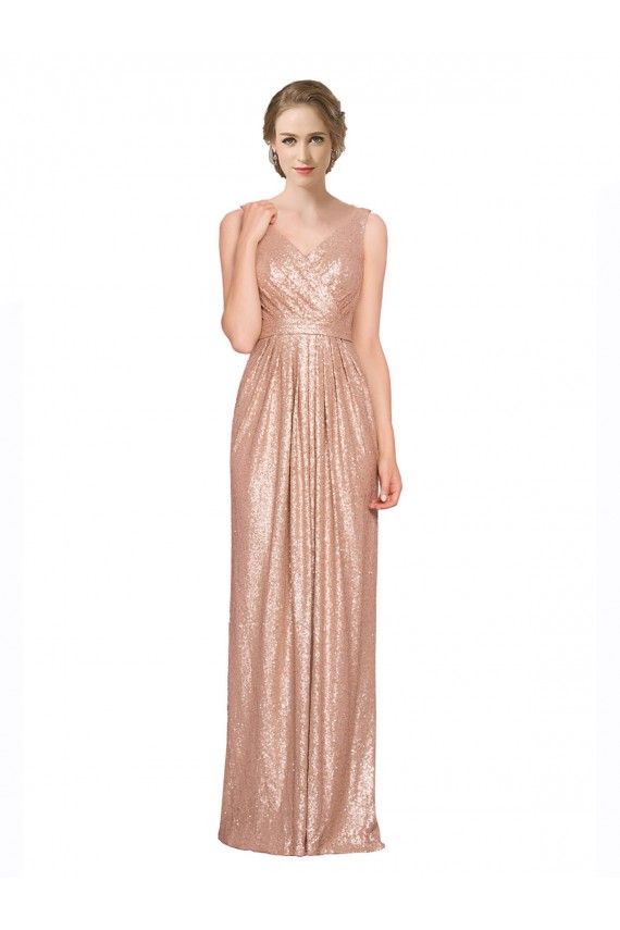 Outlet Draped V-Neck Striking Sheath Floor Length Sequin Prom Dress UK