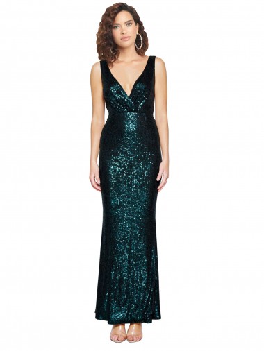 Outlet V-Neck Full Length Sequin Prom Dress with Draped Back UK