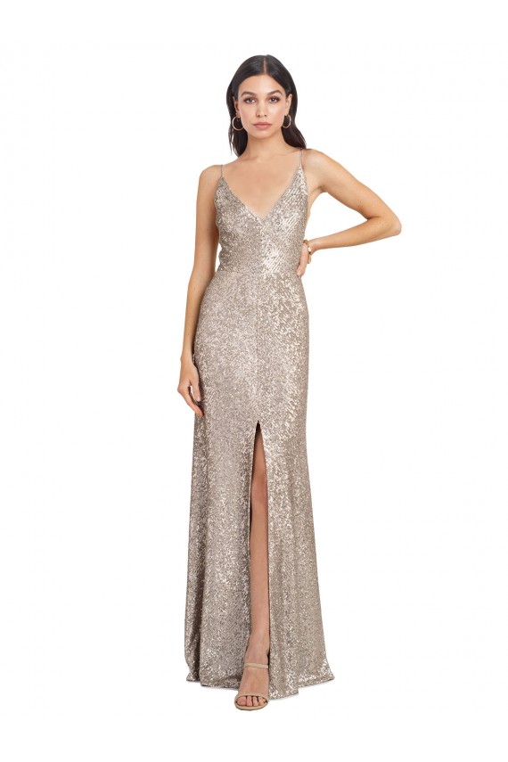 Outlet V-Neck Fully Sequin Prom Dress with V-Back and Front Slit UK