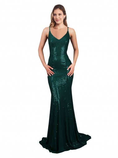 Outlet Fishtail Shaped V-Neck Open Back Long Sequin Prom Dress UK