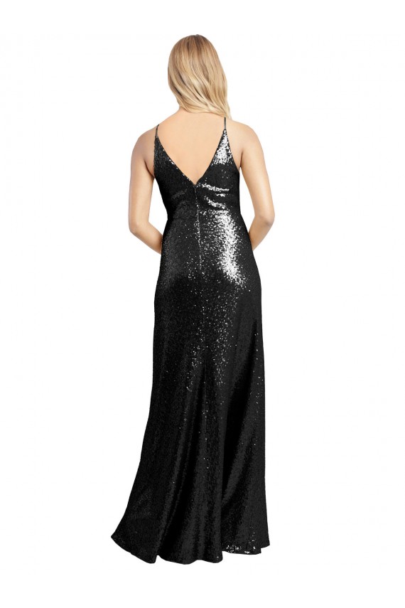 Outlet Full Length A-Line Sequin Prom Dress with Spaghetti Straps V-Neckline UK