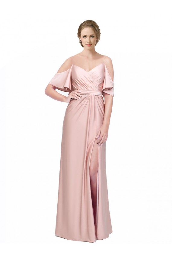 Outlet Draped Cold Shoulder Sleeves Long Silky Satin Prom Dress with Slit and Tie Back UK