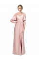 Outlet Draped Cold Shoulder Sleeves Long Silky Satin Prom Dress with Slit and Tie Back UK