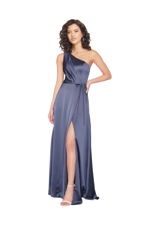 Outlet Draped Silky Satin Prom Dress with Tied Waist UK