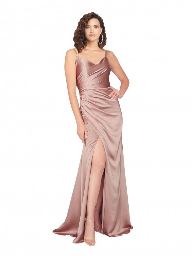 Outlet Floor Length Silky Satin Prom Dress with Front Skirt Slit UK