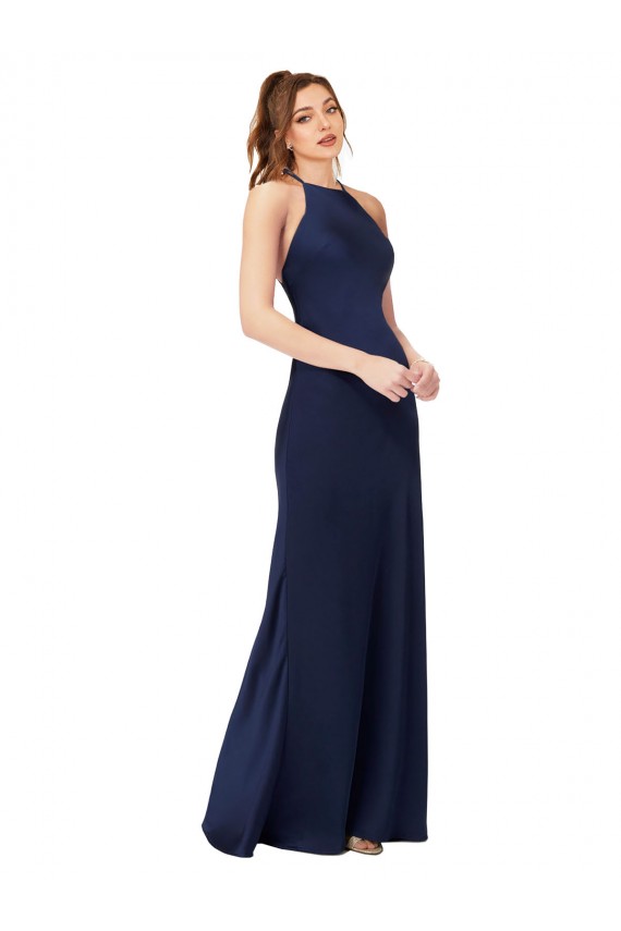 Outlet High Neck Satin Prom Dress with Strappy Back UK