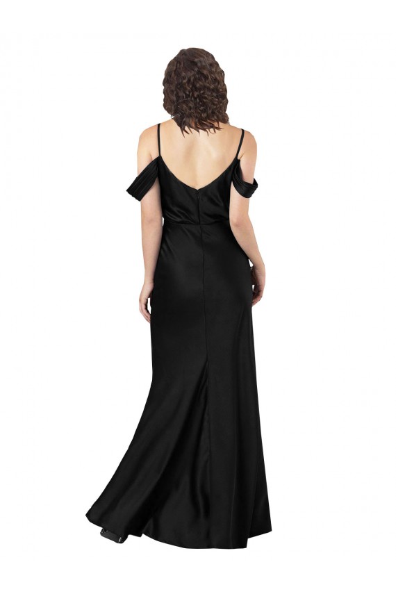 Outlet Off the Shoulder Sleeves Silky Satin Prom Dress with Skirt Slit UK