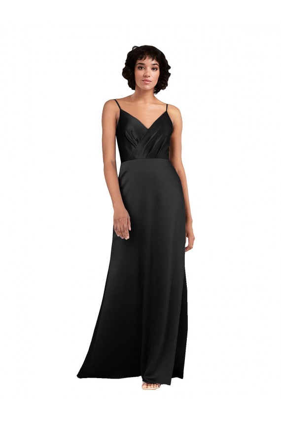 Outlet Full Length V-Neckline Silky Satin Prom Dress with Spaghetti Straps UK