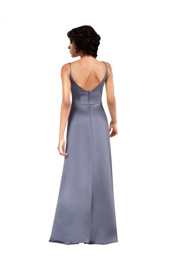 Outlet Full Length V-Neckline Silky Satin Prom Dress with Spaghetti Straps UK