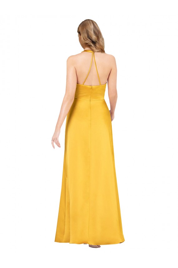 Outlet Halter A-Line Silky Satin Prom Dress with V-Neckline and Slit UK