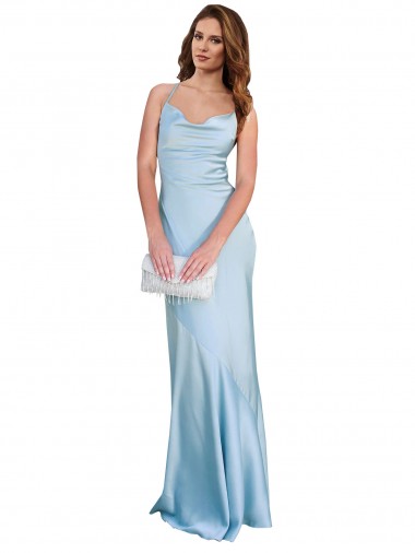 Outlet Open Back with Ties Cowl Neck Sheath Silky Satin Long Bridessmaid Dress UK
