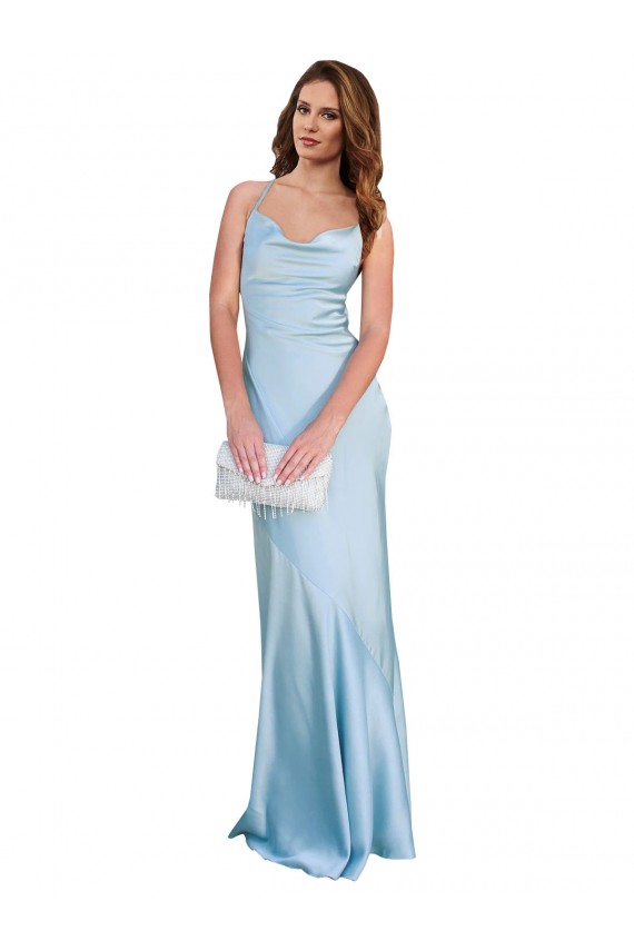 Outlet Open Back with Ties Cowl Neck Sheath Silky Satin Long Bridessmaid Dress UK