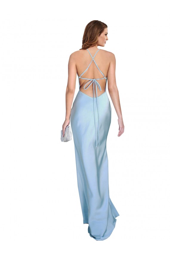 Outlet Open Back with Ties Cowl Neck Sheath Silky Satin Long Bridessmaid Dress UK