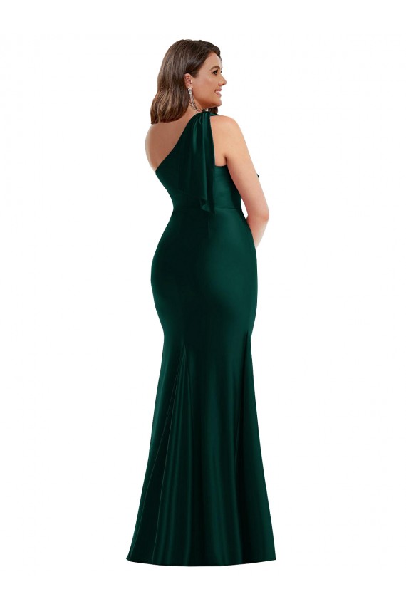 Outlet Cascading Bow One Shoulder Silky Satin Mermaid Prom Dress with Front Slit UK