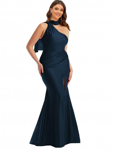 Outlet Scarf Neck One Shoulder Silky Satin Mermaid Prom Dress with Front Slit UK