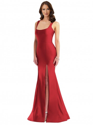 Outlet Square Neck Silky Satin Mermaid Prom Dress with Side Slit UK