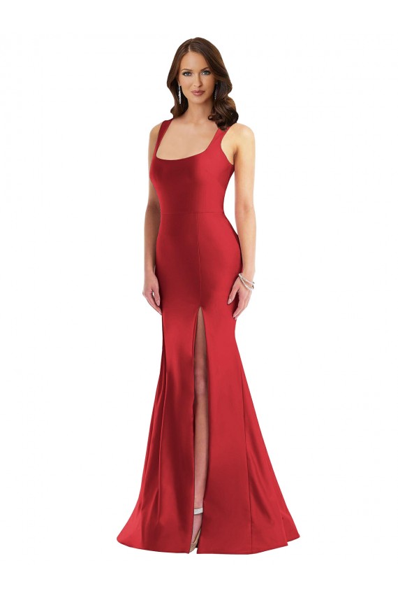 Outlet Square Neck Silky Satin Mermaid Prom Dress with Side Slit UK