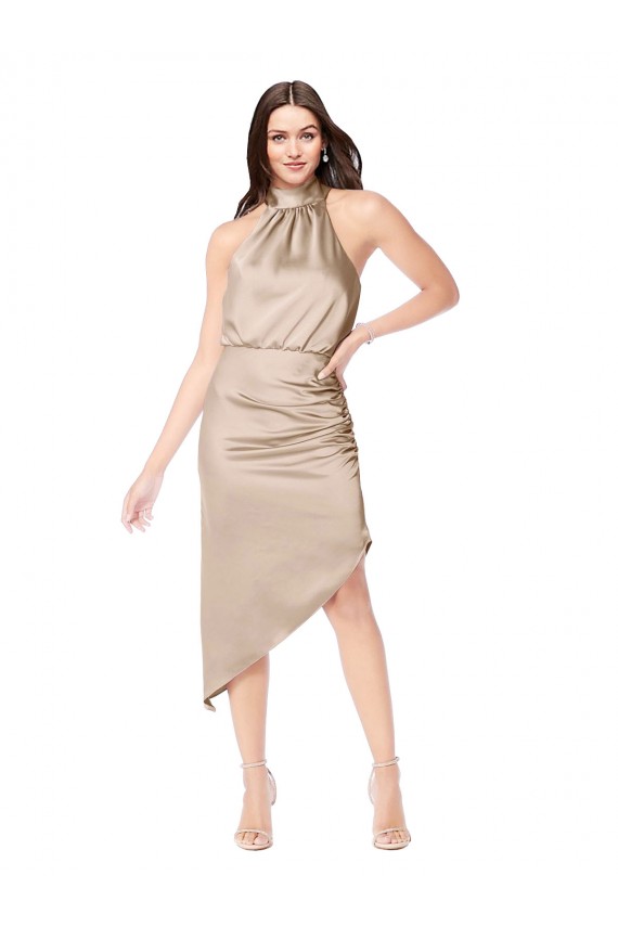 Outlet Silky Satin High Low Midi Length Cocktail Prom Dress / Homecoming Dress with Asymmetric Skirt UK