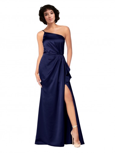 Outlet One Shoulder Silky Satin Prom Dress with Skirt Slit UK