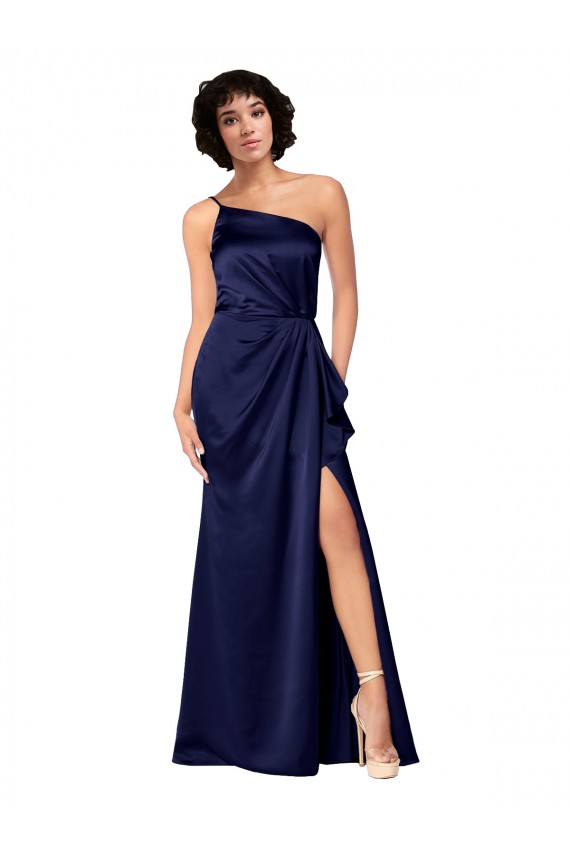 Outlet One Shoulder Silky Satin Prom Dress with Skirt Slit UK