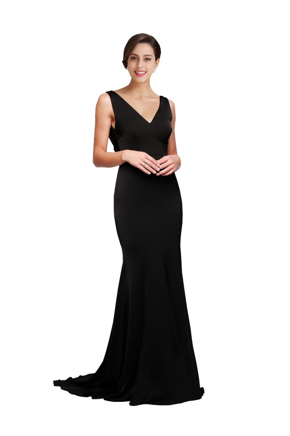 Outlet V-Neck Full Length Silky Satin Prom Dress with Soft Cowl Neck and Sweep Train UK