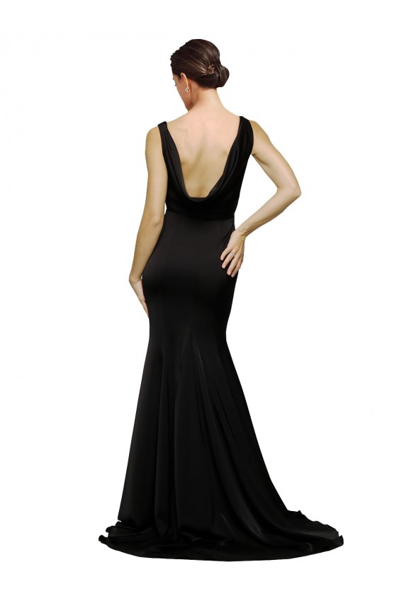 Outlet V-Neck Full Length Silky Satin Prom Dress with Soft Cowl Neck and Sweep Train UK