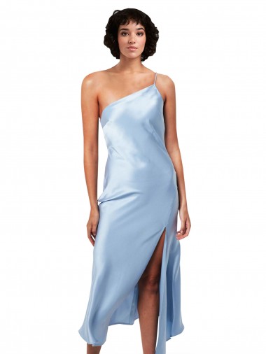 Outlet Midi Length Short Silky Satin Cocktail Prom Dress / Homecoming Dress with Asymmetric Neckline and High Side Split UK
