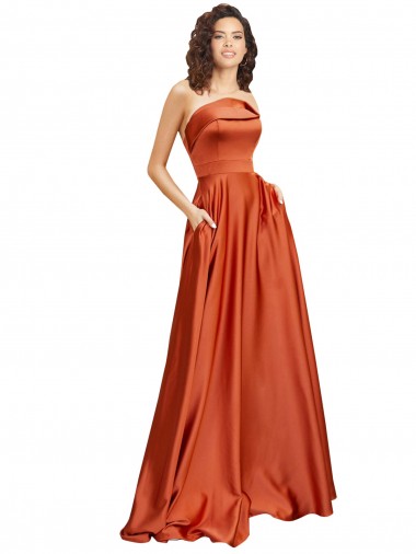 Outlet Strapless Sweep Train Silky Satin Prom Dress with Pleats UK