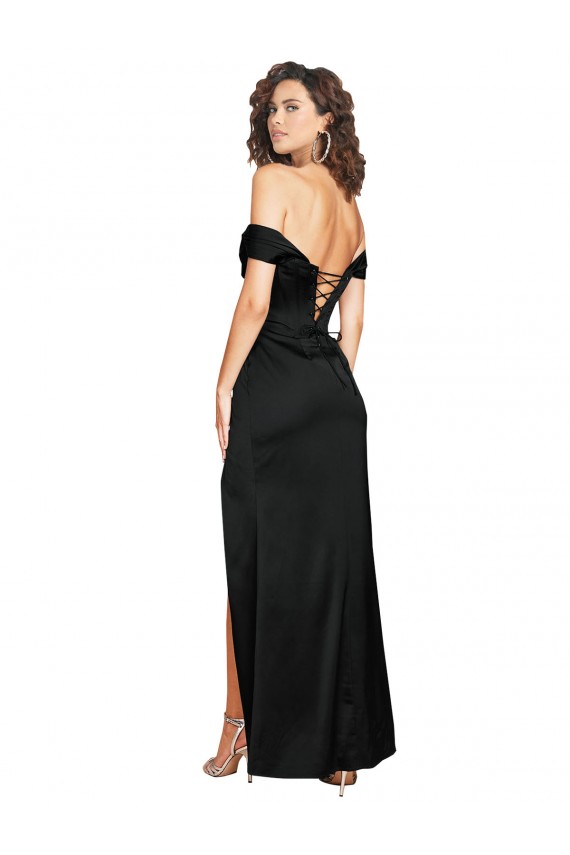 Outlet Fitted Sweetheart Neckline Silky Satin Prom Dress with Off the Shoulder Sleeves and High Slit UK