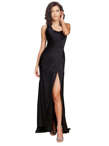 Outlet Full Length One Shoulder Ruffled Long Silky Satin Prom Dress with High Slit UK