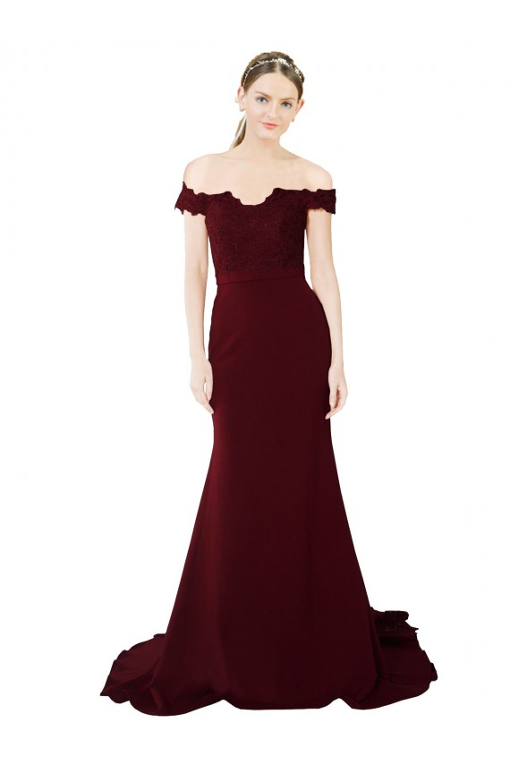 Outlet Full Length Off the Shoulder Formal Crepe Prom Dress with Lace On Bodice and Back UK